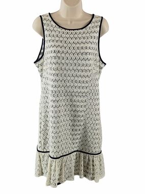 J Taylor Cream Lace Midi Dress with Navy Trim